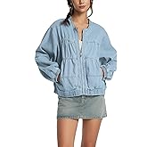 D-Sun Women Denim Bomber Jacket Casual Crewneck Long Sleeves Zip Collarless Cropped Jean Shirt Jacket with Pockets