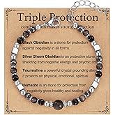 SKIRIFLA Triple Threat Protection Anxiety Relief Gifts for Women,Natural Healing Crystal Bracelet Evil Eye Jewelry for Her Friends