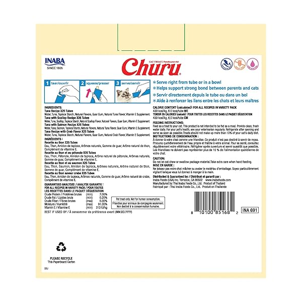 INABA CHURU CAT TREATS, LICKABLE, SQUEEZABLE CREAMY PURÉE WITH VITAMIN E, 0.5 OUNCES PER TUBE, 100 TUBES TOTAL, TUNA VARIETY