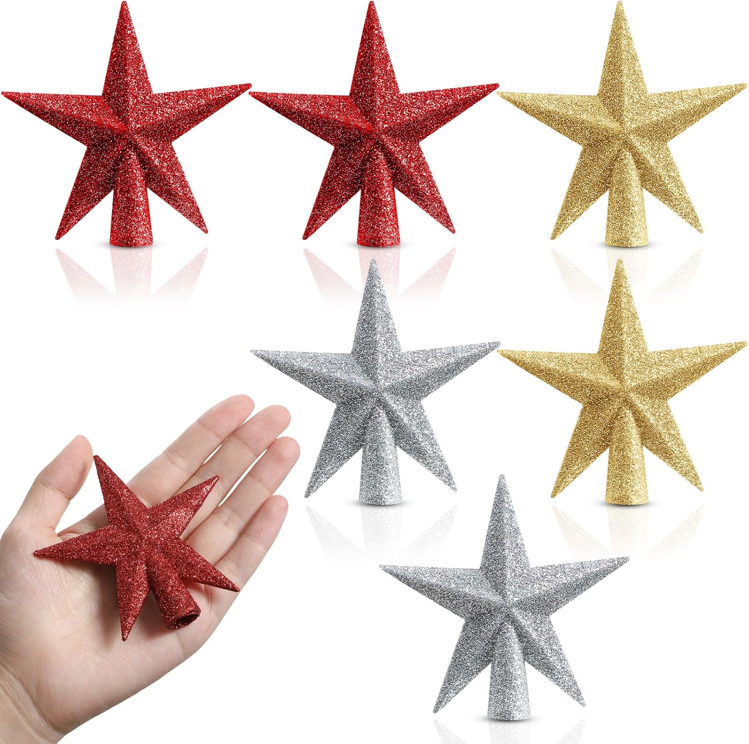 Tree Toppers - Hiboom 6 Pieces Mini Star Christmas Tree Topper Glittered Christmas Tree Star for Xmas Tree Party Decoration Holiday Outdoor Indoor Home Ornaments (Silver Red Gold)