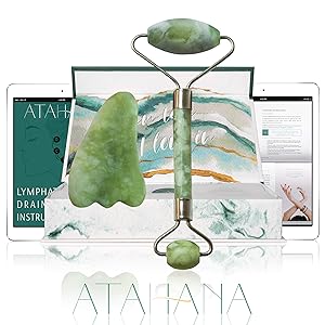 Real Jade Roller & Gua Sha - 100% Real Jade Facial Roller - with Video Tutorial and eBook - Natural Skin Care Tool for Lymphatic Drainage, Face, Neck and Eyes - Wrinkles, Puffiness and Dark Circles