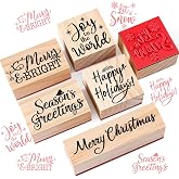 Watersay 6 Pcs Christmas Rubber Stamp Set Merry Christmas Wooden Rubber Stamp Snow Tree Stamps Vintage Wooden Art Stamps for Crafting and DIY Scrapbooking Card Making Hand Book(Word)
