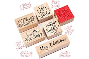 Watersay 6 Pcs Christmas Rubber Stamp Set Merry Christmas Wooden Rubber Stamp Snow Tree Stamps Vintage Wooden Rubber Art Stamps for Crafting and DIY Scrapbooking Card Making Hand Book(Word)