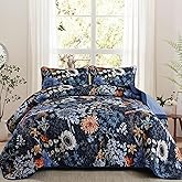 Yiran Navy Blue Sunflower Floral Quilt Set King Size, Botanical Colorful Bedspread Bedding Set, 3 Pieces Fall Soft Lightweight Microfiber Coverlet with 2 Pillow Shams for All Season 106x90 Inch