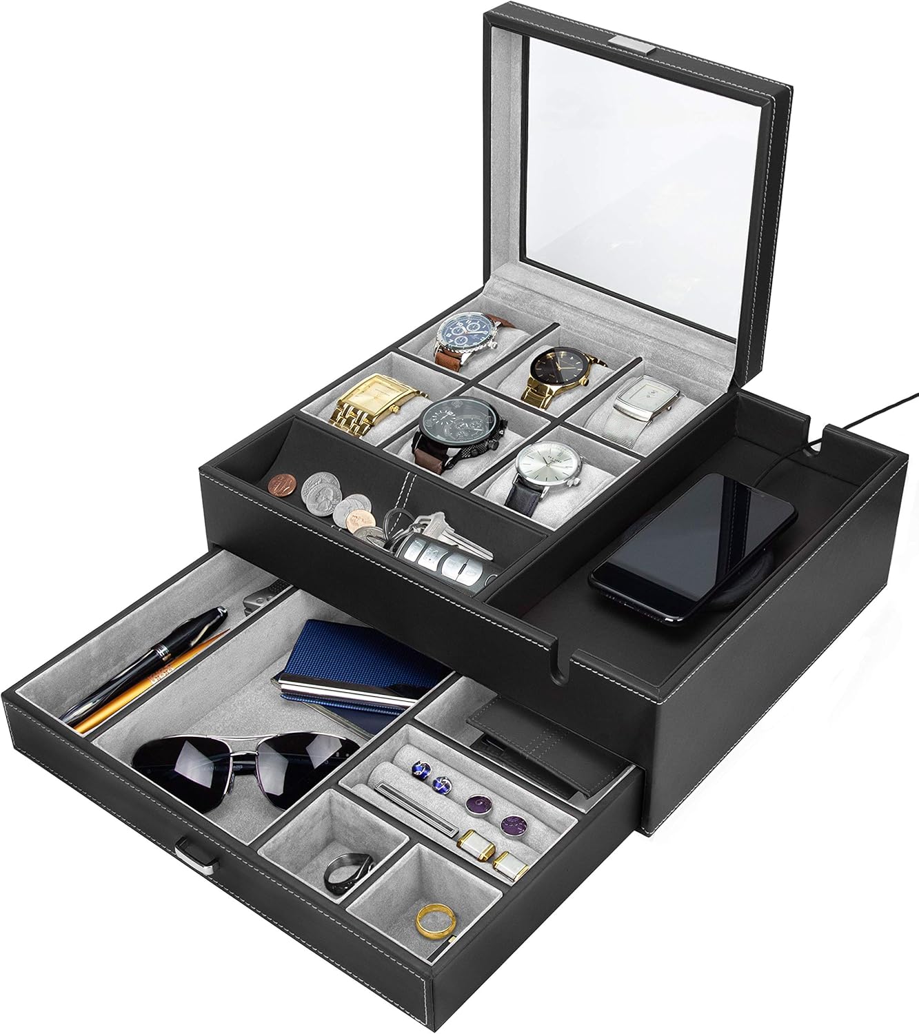 HOUNDSBAY Commander Dresser Valet Watch Box Case & Mens Jewelry Box Organizer with Smartphone Charging Station (Black/Gray): Home Improvement