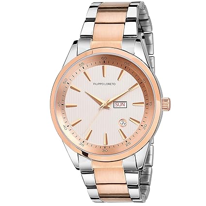 Two Tone Stainless Steel Men Bracelet White Dial Wrist Watch