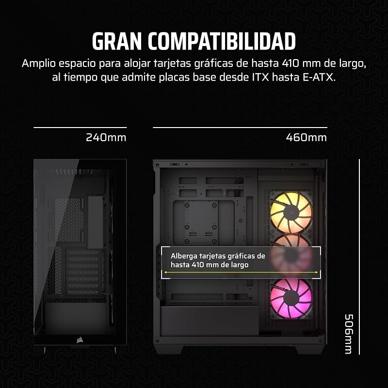 iCUE Link 3500X RGB Mid-Tower ATX Caixa para PC - Vidro Panorâmico Temperado - Placa Mãe Compatível com Ligação Inversa - 3X Ventoinhas RGB CORSAIR RX120 Incluídas - Preto