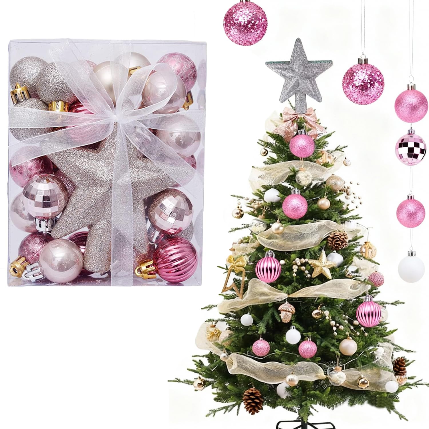 30pcs Mini Christmas Balls Ornaments Tree Top Star Gift Box Christmas Baubles Xmas Tree Pendant for Holiday Party Decorations Red Silver Gold Pink