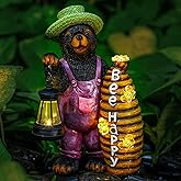 Joint Honglin Solar Adorable Bear Garden Statue with Beehive and Lantern - “Bee Happy” Resin Outdoor Decoration for Yard, Patio, or Home Decor