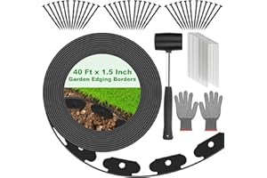 LIFEISLUCK 40 FT Garden Edging Borders 1.5 Inch Tall No Dig Landscape Edging Border Plastic Flexible Lawn Edging with 36 Spikes and 36 U-Shaped Stakes for Yard Pathway Flower Bed Paver Edging Roll