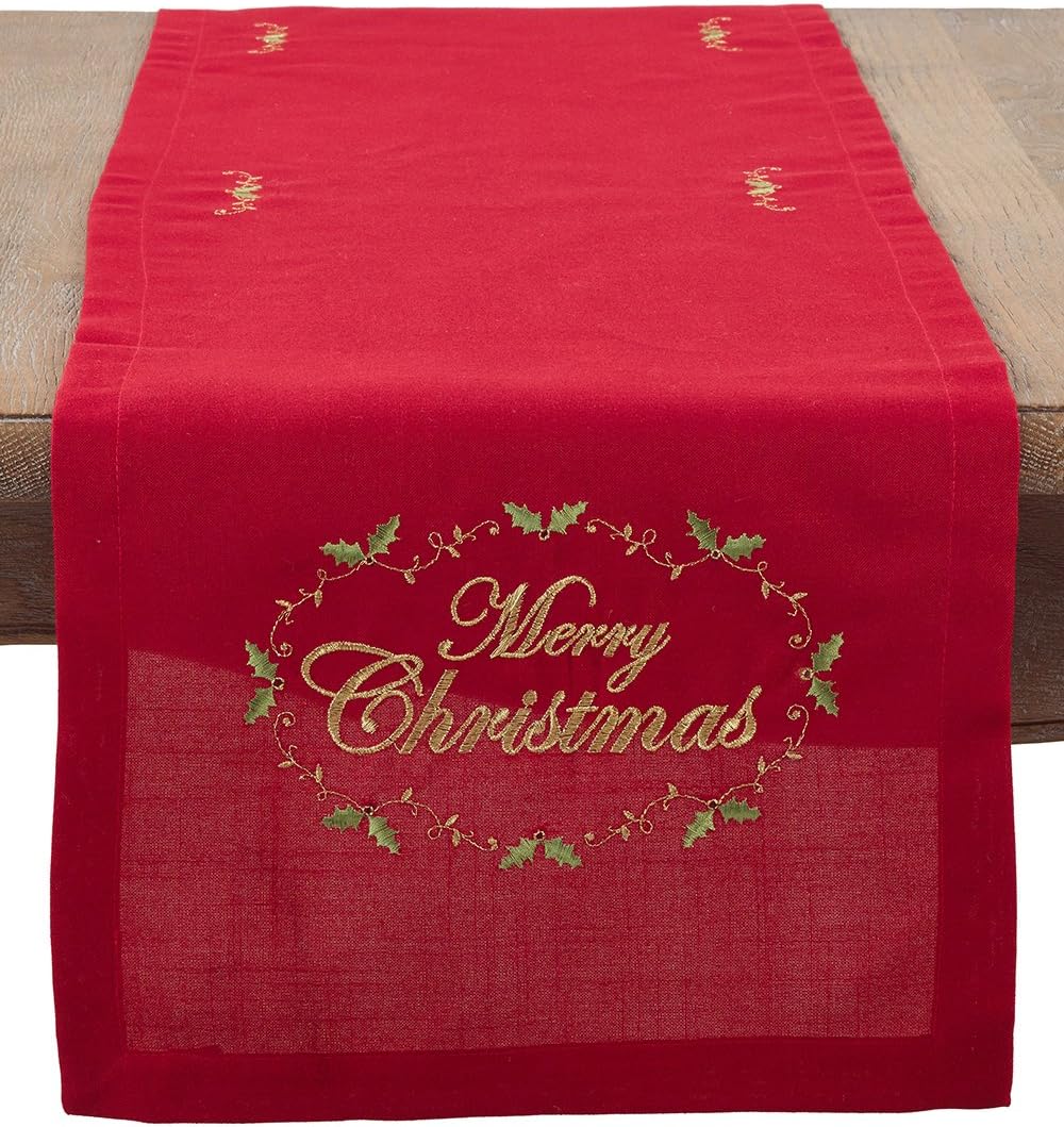 SARO LIFESTYLEMerry Christmas Embroidered Design Table Runner, 14" x 72", Red
