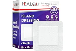 HEALQU Bordered Gauze Island Dressing - 30 Count, 4" x 4" Sterile Individually Wrapped Gauze Pads with Water-Resistant, Non-W