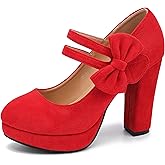 MAIERNISI JESSI Women's Platform Mary Jane Pumps with Bow, 3.94 Inch Block Heel Dress Shoes