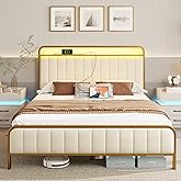 Rolanstar Full Size Bed Frame with LED Light and Charging Station, Upholstered Headboard and Footboard, Metal Slat, Noise Free, Easy Assembly, Golden