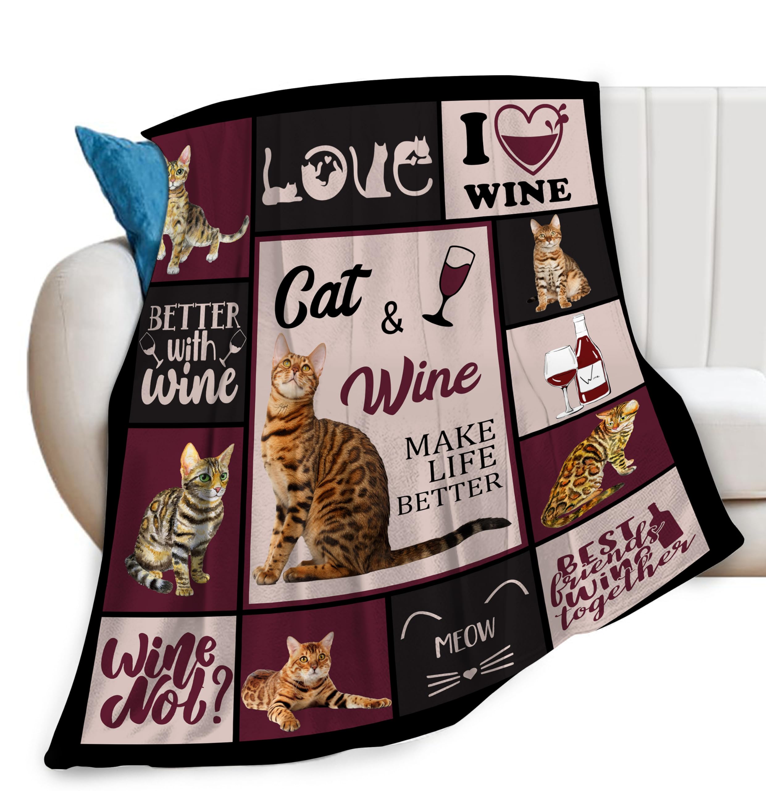 Cat Wine Print Blanket Cute Bengal Cat Dark Red
