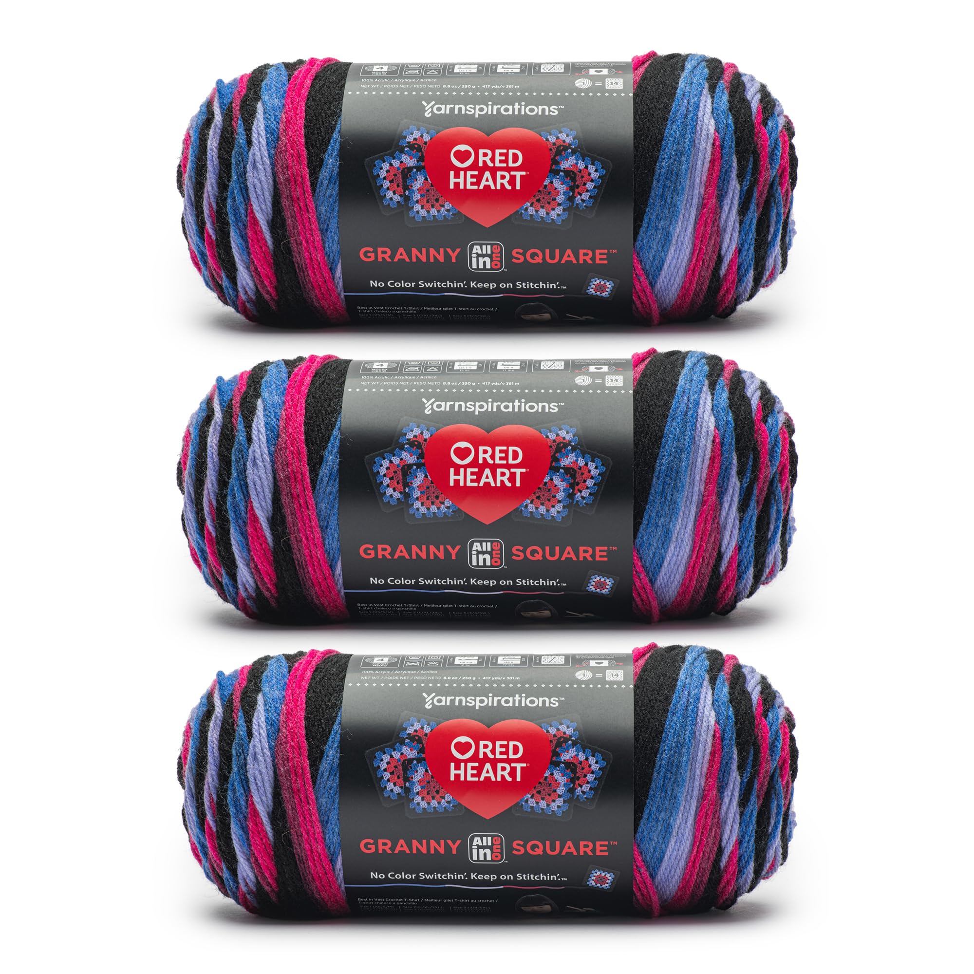 Red Heart All in One Granny Square Black -Hyper Violet Yarn - 3 Pack of 250g/8.8oz - 100% Acrylic - #4 Worsted (Medium) - 381m/417Yards - for Knitting, Crochet and Amigurumi