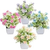 Meinature Mini Artificial Faux Plants 4 Packs, Small Fake Plants with Flowers, Black Potted Greenery for Bathroom Office Home Conference Table & Indoor Desk Decor Farmhouse Kitchen Library Restaurant