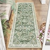 Yamaziot Washable Runner Rug 2x6 – Non Slip Boho Floral Hallway Runner Rug with Rubber Backing, Low Pile Faux Wool Distressed Carpet for Kitchen, Laundry, Bedroom, Entrance, Mottled Green