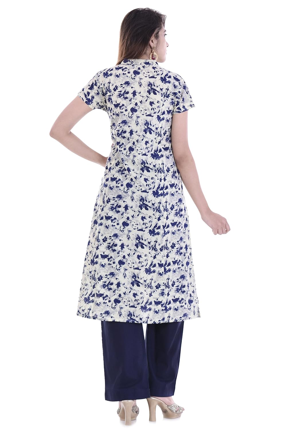 palakh women's cotton blue&white straight printed kurti with solid blue palazzo