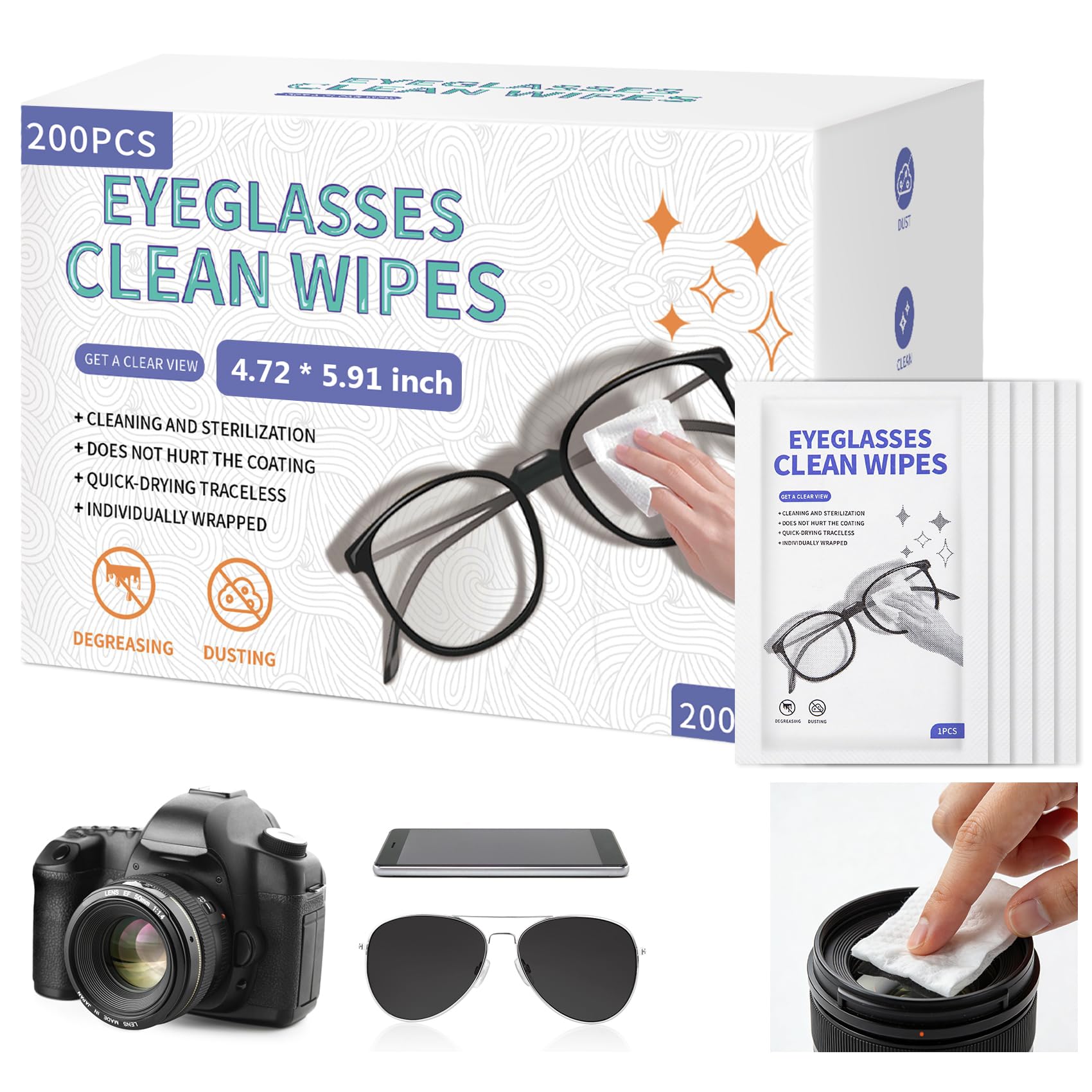 Photo 1 of [200 Pack] Large Glasses Cleaner, Lens Wipes for Eyeglasses, Pre-Moistened Individually Wrapped Cleaning Wipes, Eye Glasses Cleaner Wipes for Camera, Phone, Computer, Laptop Screen (4.72 * 5.91 inch)
