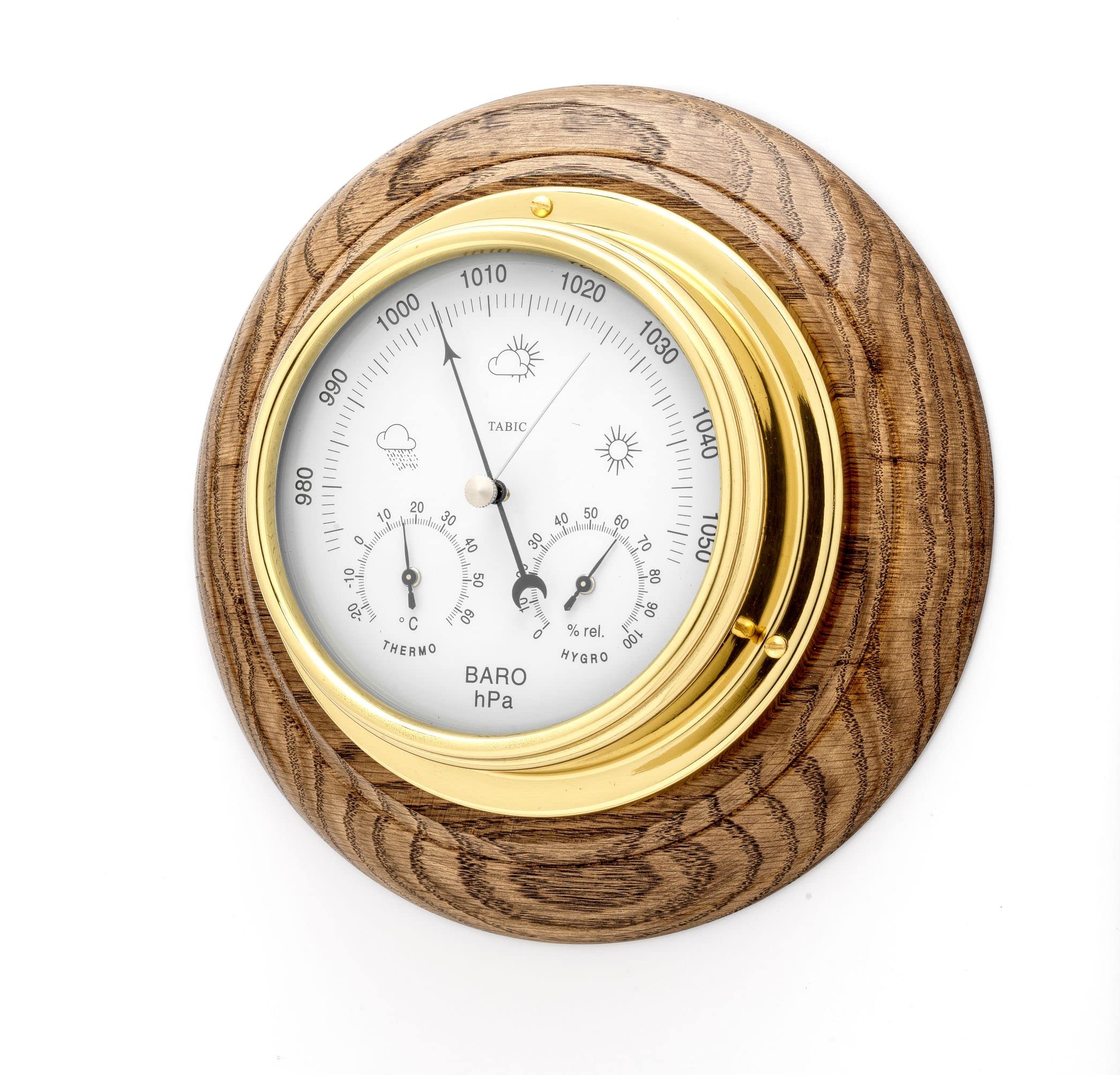 Tabic Brass Barometer with built in Hygrometer and Thermometer mounted on an English Oak Mount, Heavy Lacquered Brass (1/2kg), Sailing Ship Yacht Boating Clock, Handmade In England