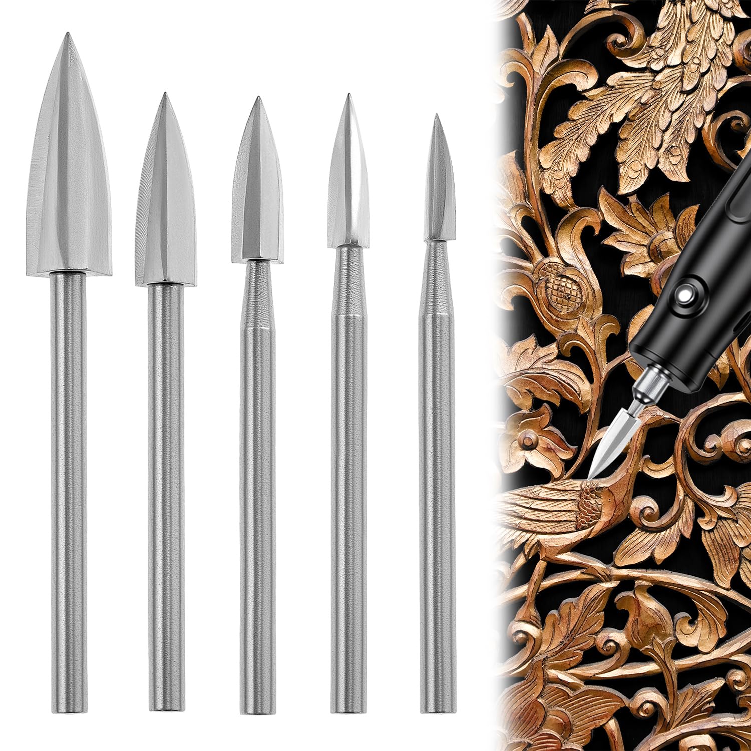 QWORK® Wood Carving Drill Bits Set for Rotary Tools, 5Pcs HSS Wood Carving Bits with 1/8” Shank for DIY Woodworking Engraving Carving Drilling Grinding (3mm, 4mm, 5mm, 6mm, 8mm)