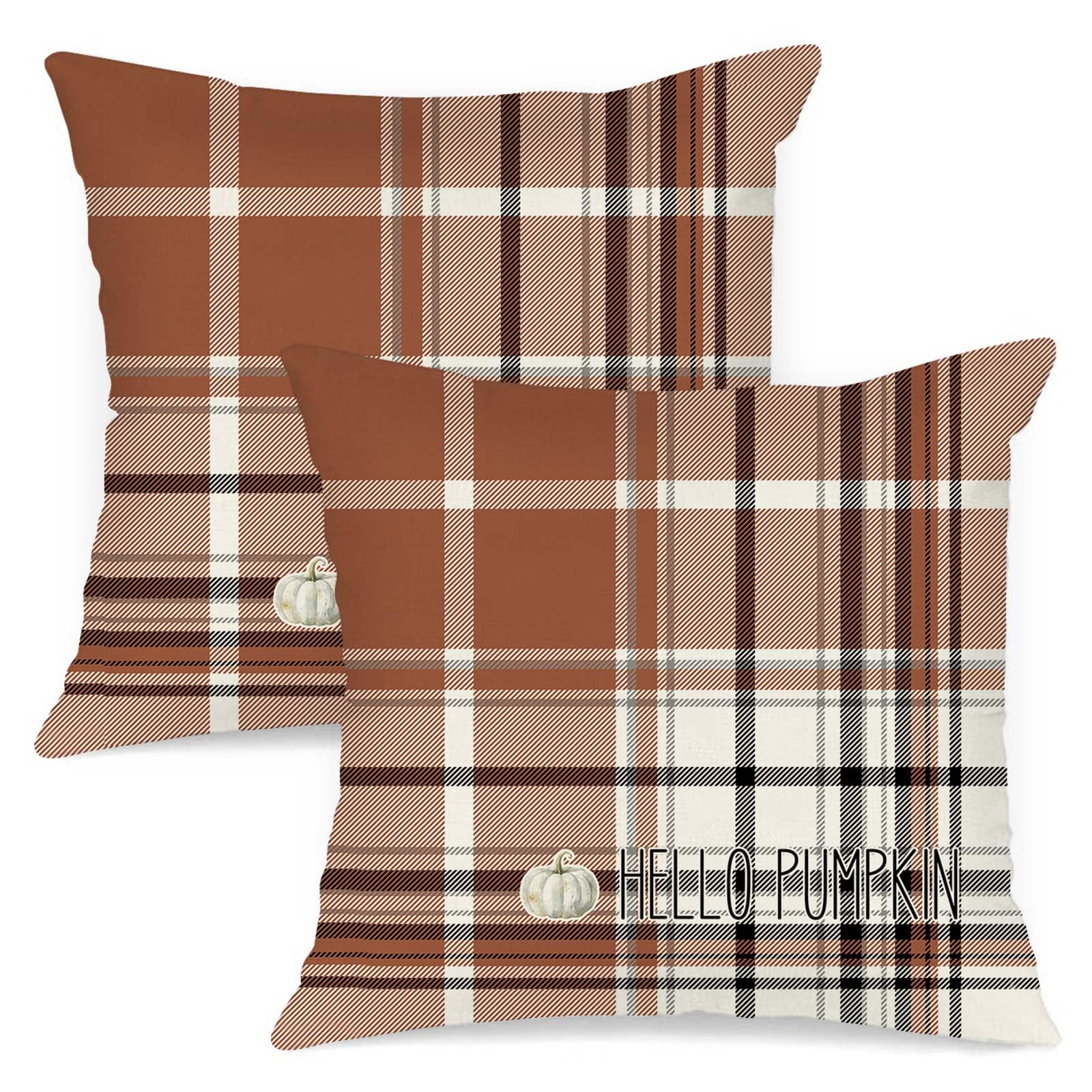 View 1 of ****2 pack**Benjia Fall 20x20 Throw Pillow Covers Set of 2, Watercolor Brown, Grey and White Checkered Decorative Holiday Pillow Case 20 x 20 Autumn Cushion Covers Pillowcase for Indoor Home Bedroom Sofa Decor