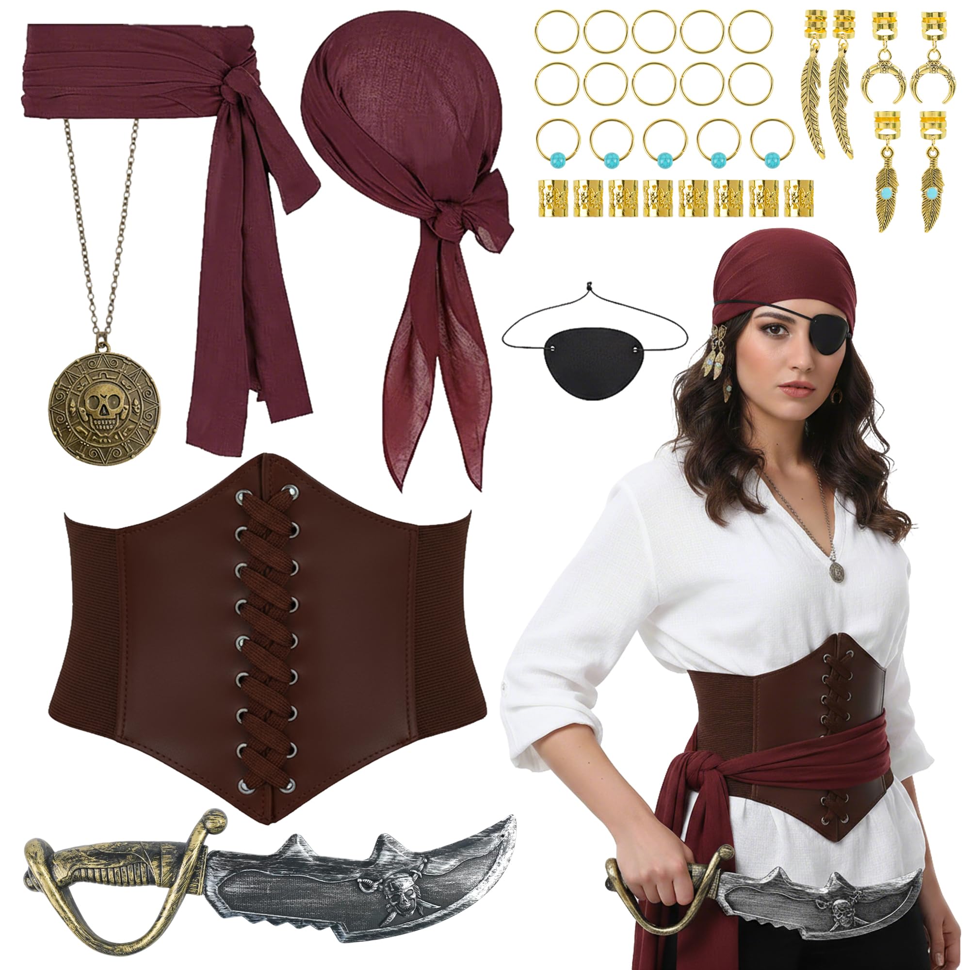 Soireeparty Pirate Costume Women Fancy Dress - Adult Pirate Costume Accessories Set with Corset Belt Necklace, Medieval Viking Clothing Role Play Outfit for World Book Day Cosplay