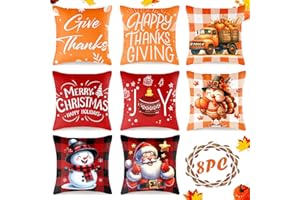 Woosytoo 8Pcs Christmas Pillow Case Covers Buffalo Plaid Happy Thanksgiving Merry Christmas Pillow Case Fall Pumpkin Xmas Santa Claus Snowman Throw Cushion Cover for Autumn Xmas Home Decoration