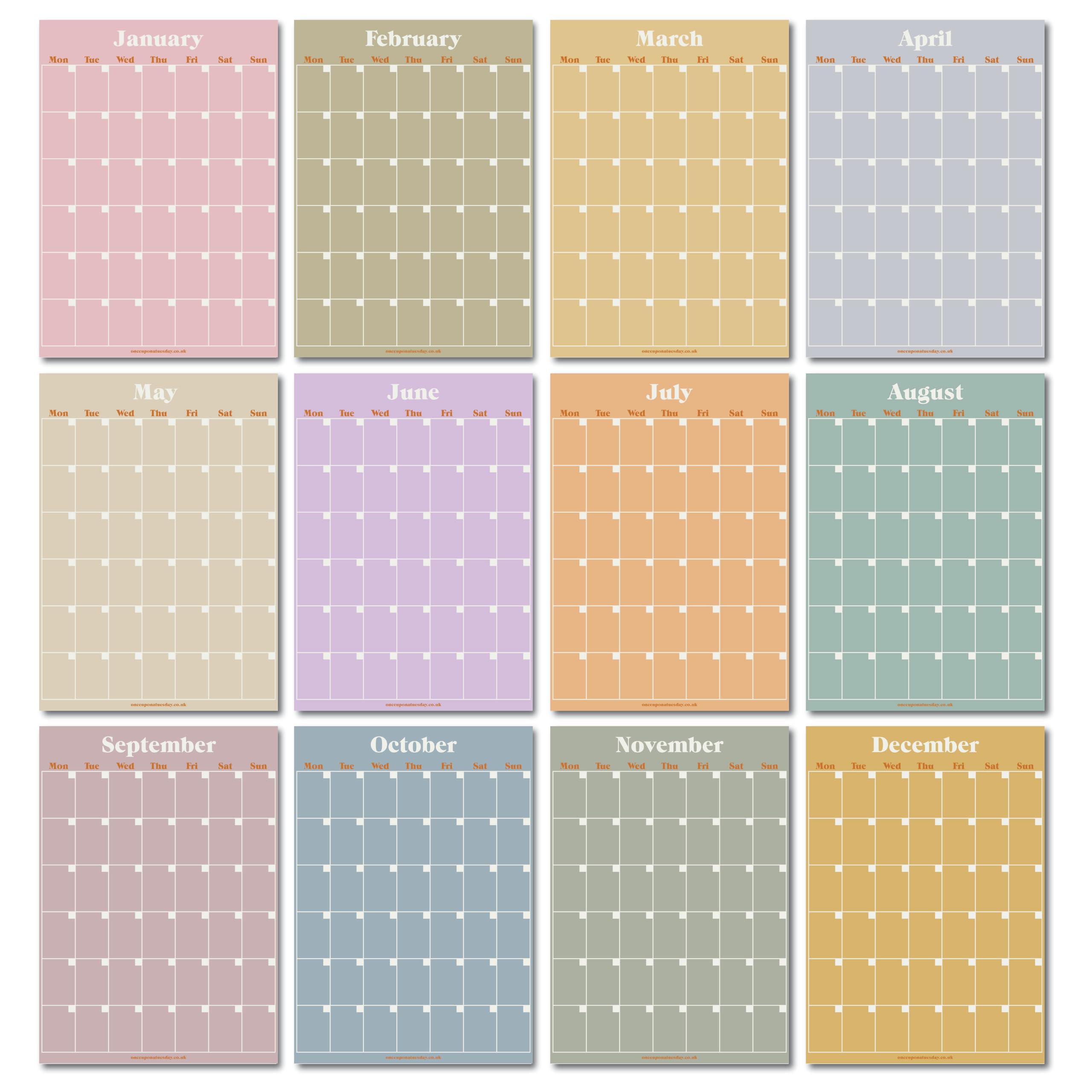 Good Tuesday - Monthly Wall Planner Set - 12 x A3 Extra Large Pastel Wall Planner Sheets - Undated, January - December - Flexible and Versatile Wall Calendar - 100% Recycled, UK Made