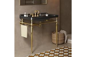 Yayzy 36” Bathroom Vanity with Black Ceramic Sink, Wall-Mounted Console Style, Gold-Finish Stainless Steel Legs & Towel Bar, 3 Faucet Holes, No Faucet
