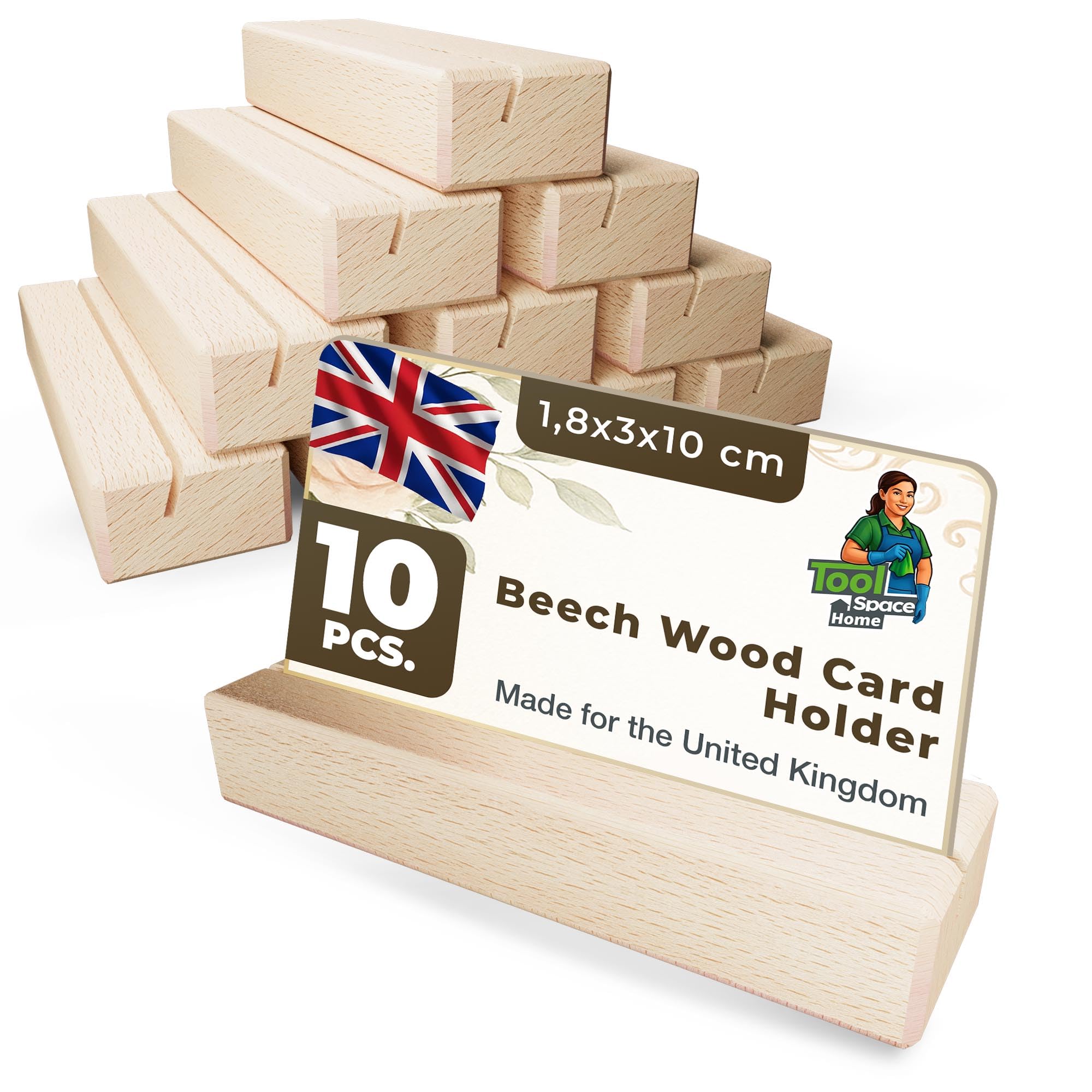 ToolSpace Business Card Display Stand - Beech Wooden Business Place Card Holders - Business Card Display - Beautiful Desk Decoration - Natural Solid Beech Wood - 1.8x3x10 cm - 10 pieces