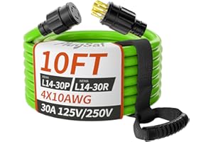 PlugSaf 10FT 30 Amp Generator Extension Cord 4 Prong, NEMA L14-30P/L14-30R 10 Gauge STW 125/250V Twist Lock Generator Cord Heavy Duty, Green ETL Listed