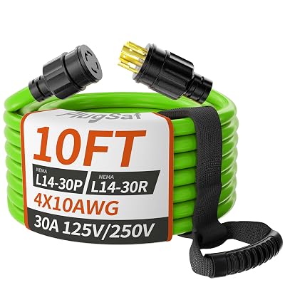 PlugSaf 10FT 30 Amp Generator Extension Cord 4 Prong, NEMA L14-30P/L14-30R 10 Gauge STW 125/250V Twist Lock Generator Cord Heavy Duty, Green ETL Listed