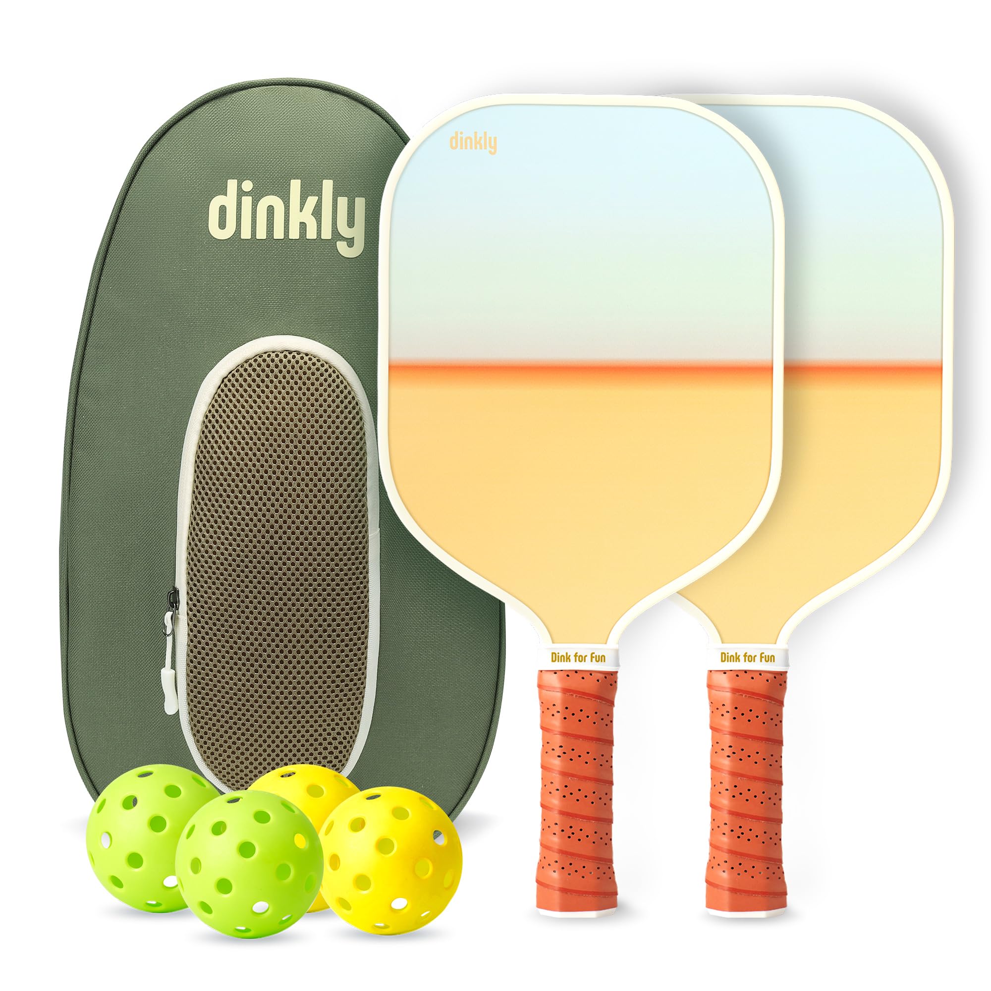 Dinkly Pickleball Paddles Set of 2 - USAPA Approved Graphite/Fiberglass Pickleball Racket, 2 Pickleball Rackets, 4 Balls and 1 Portable Carry Bag, Pickle Ball Set for Men Women, Yellow Sunset Image