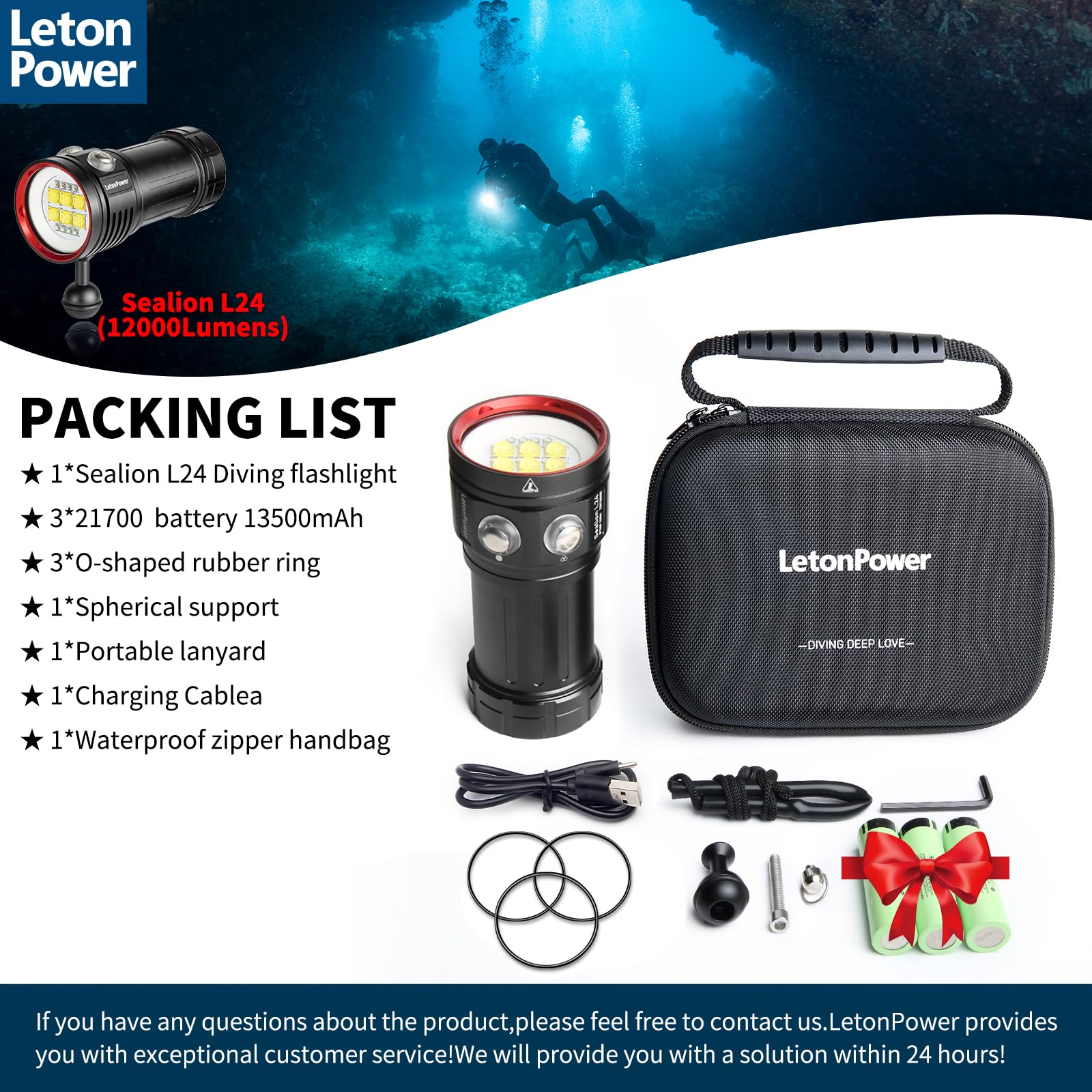 LetonPower Diving Flashlight, L24 12000Lumens Dive Light,100m Underwater Video Light, Scuba Dive Lights, Underwater flashlights with Type-C Charging for Professional Under Water Sports