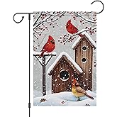 Wodison Cardinal Bird Winter Garden Flag 12x18 Inch Small Double Sided Burlap Vertical, Holly Berry Snow Christmas Holiday Outside Decorations Burlap Yard Flag