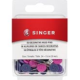 SINGER Decorative Flat Head Pins, Size 24, 50 Count: Assorted Colors, Rust-Resistant Nickel-Plated Steel Pins for Sewing, Quilting, and Crafts