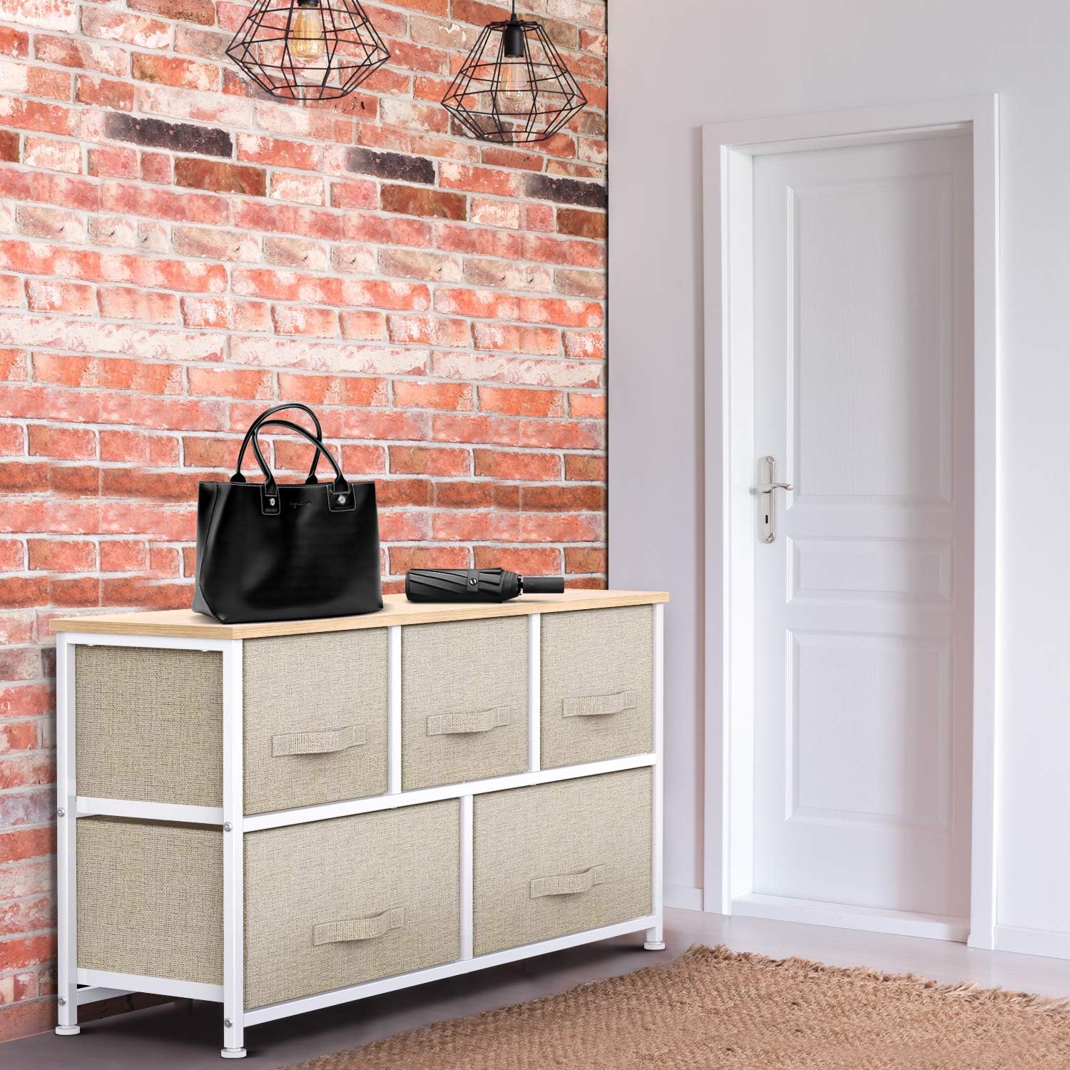 Fabric Dresser with 5 Drawers, Wide Dresser Storage Tower, Organizer Unit with Wood Top and Easy Pull Handle for Closets, Living Room, Nursery Room, Hallway by Pipishell: Home Improvement