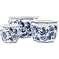 Galt International Blue & White Floral Porcelain Ceramic Decorative Flower Pot 8"/6"/4.5" Garden Pots Chinese Asian Design - Set of 3 Round Bulb Fluted