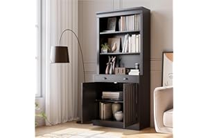 Garvee 70-Inch Tall Black Bookcase with 2 Cabinet Doors & 1 Drawer, Wooden Storage Shelf with Adjustable Shelves, Versatile C
