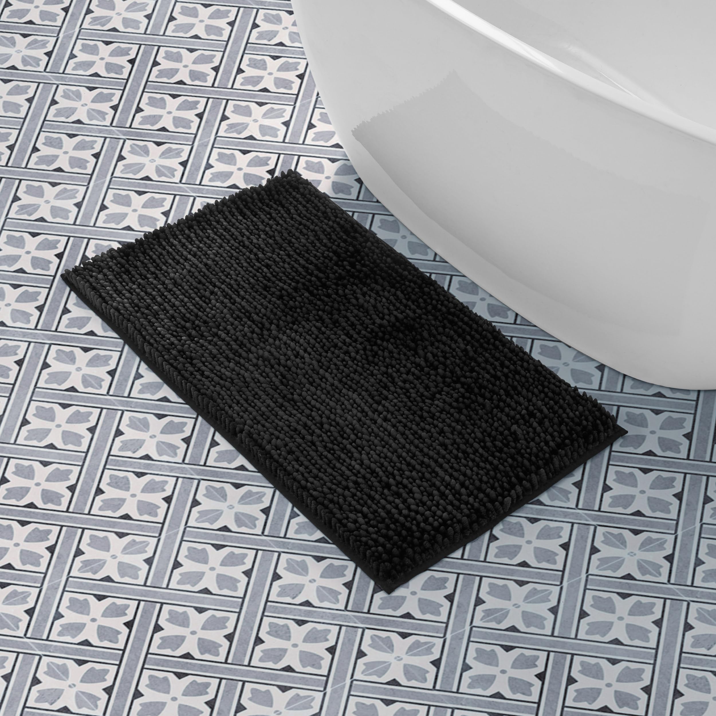 Laura Ashley Butter Chenille Bath Rug, Absorbent Shaggy Bathroom Mat, Non Slip Plush Carpet Rugs for Tub and Sink - (20" x 34") Black