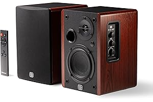 PreSonus Eris Accent Powered Bookshelf Speakers – 50W Wired Stereo Speakers for Record Player, Turntable, Desk & Home, Multiple Inputs, 4” Woofer, Studio Monitors, Tweeter, Remote, Sub Out, Wood Grain