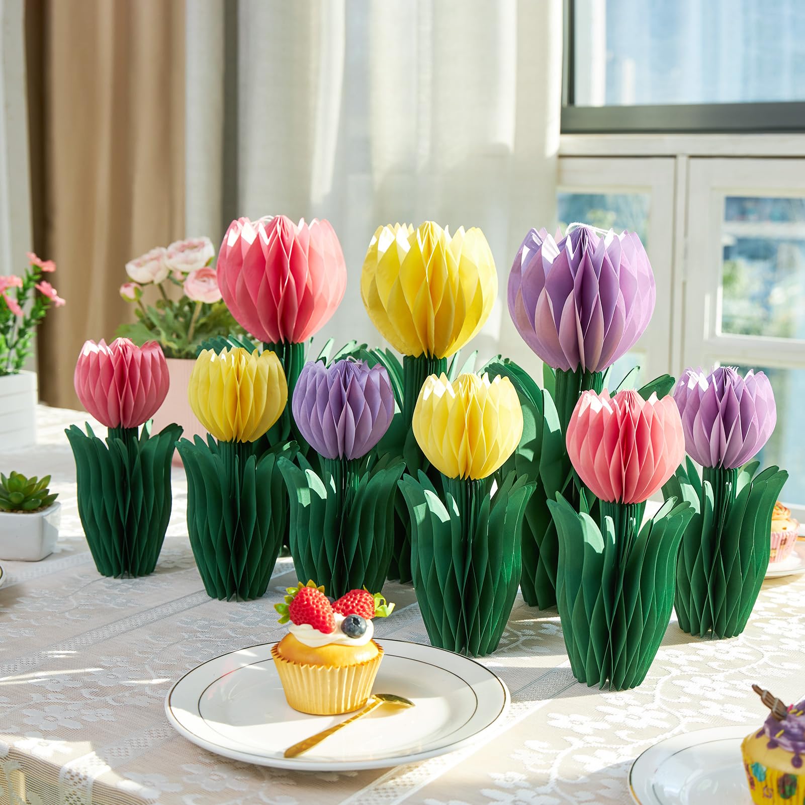 SUNBEAUTY 9 Stück 3D Tulpen Wabenbälle Rosa Lila Papier Blumen Dekoration Gelb Tulpe Dekor für Garten Party Dekoration Frühling Deko Tischdekoration Geburtstag Hochzeit Home Hotel