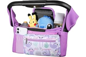 ERRUI Universal Stroller Organizer with Insulated Cup Holders and Detachable Phone Bag,Stroller Caddy Fits for Stroller Accessories like Uppababy, Baby Jogger, Doona, Nuna Stroller (Purple Sloth)