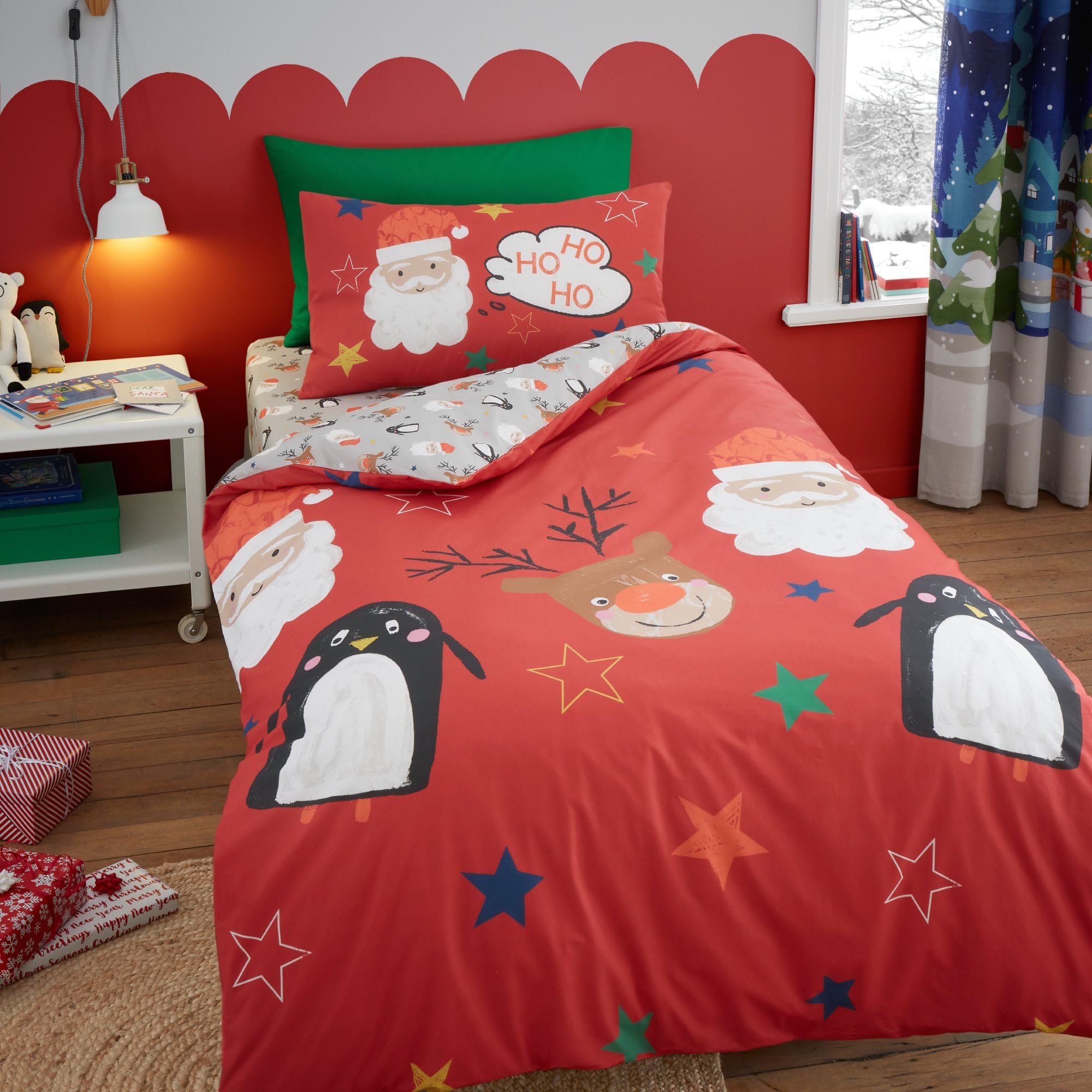 Bedlam - Santa Claus, Reindeer & Penguin Duvet Cover - Double Bedding Size (200 x 200cm) - Reversible Designs - 2x Pillowcases - Christmas Cartoon Duvet Cover - Christmas Bedding - Xmas Decorations โ image 1
