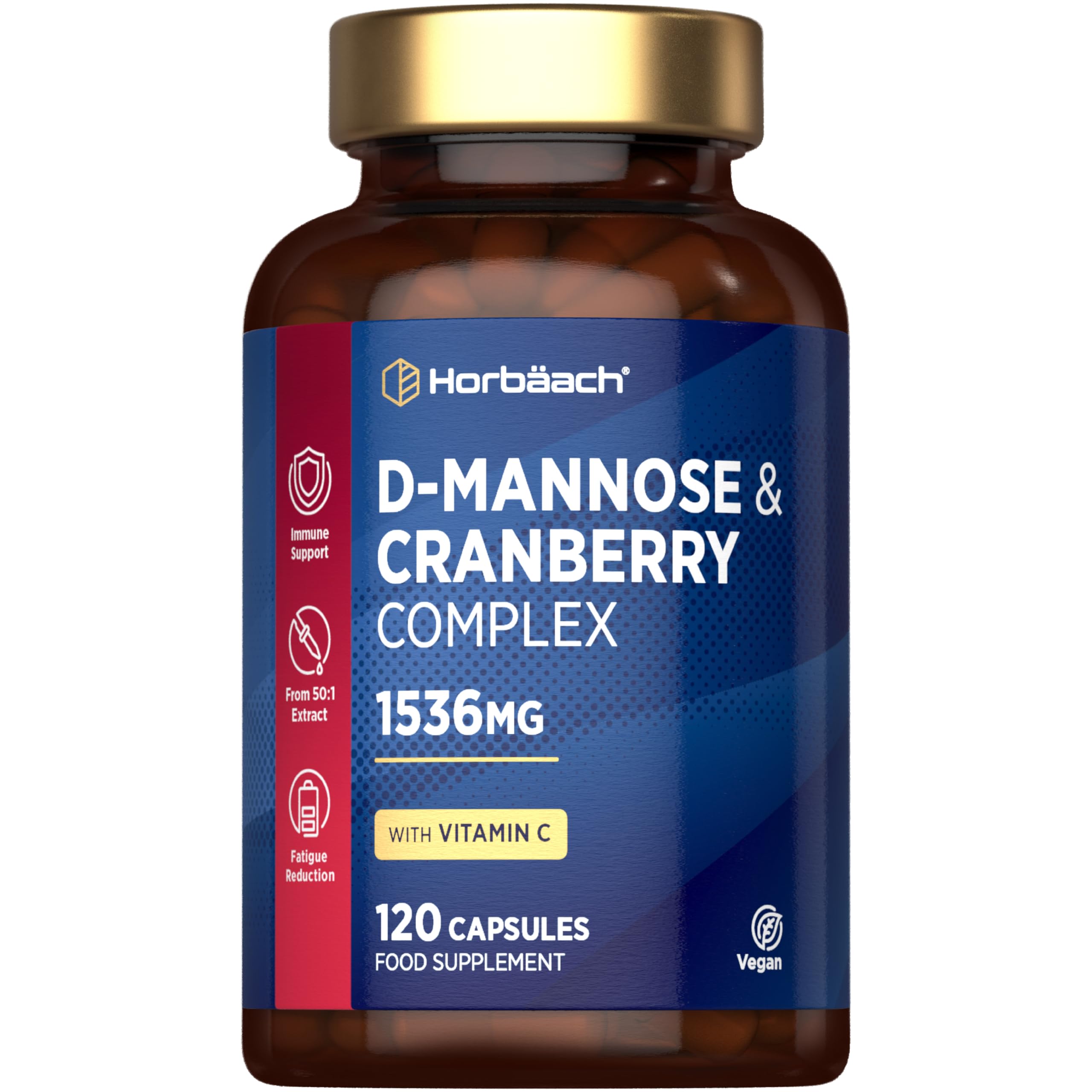 D Mannose and Cranberry 1536mg | 3 in 1 D-Mannose Capsules + Vitamin C | Urinary Tract Infection (UTI) Relief | 120 Vegan Capsules | by Horbaach