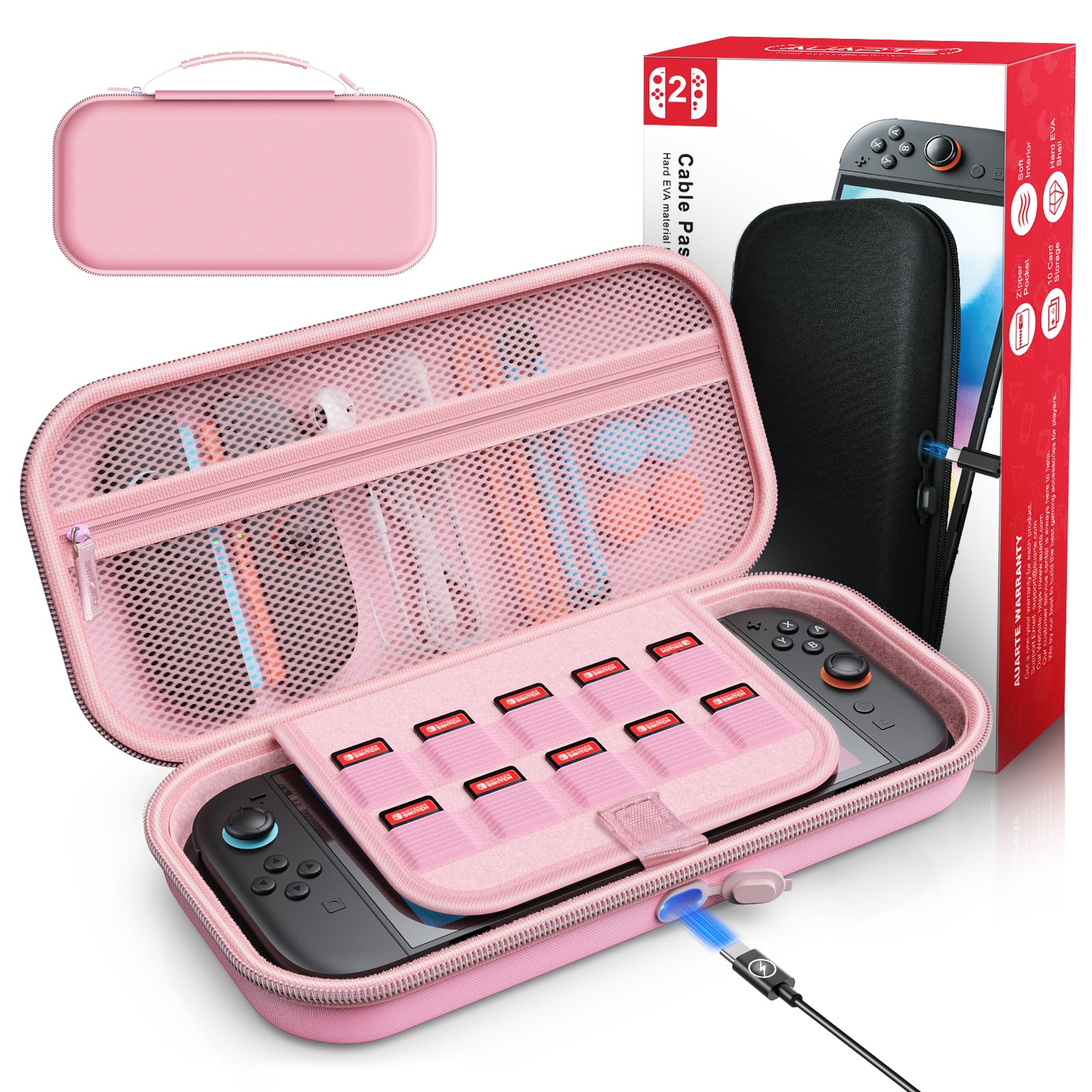 Auarte [Charge Inside Switch 2 Carrying Case for Nintendo Switch 2 Console 2025 / Switch Original/Switch OLED, Slim Travel Carry Case for Switch 2 Accessories with 10 Game Card Storage (Pink)