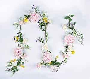 Amazon Com Lskytop 6 英尺人造牡丹花花環花朵藤蔓花環絲綢牡丹花環 粉紅色和白色花朵 適合派對 婚禮 牆壁裝飾 居家與廚房