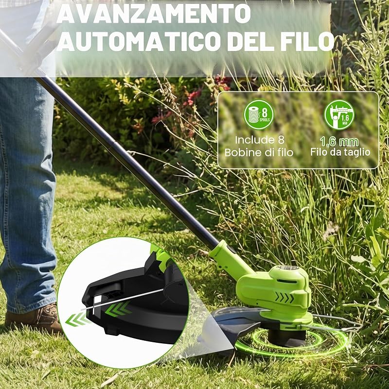 21V Tagliabordi elettrico a batteria con schermo LCD, ruote (30 cm), alimentazione automatica del filo, 8 bobine incluse, testina regolabile e multifunzionale (Linea Pro Giardino)